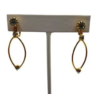 Vintage Gold Tone Clip On Dangle Drop Earrings Clear White Crystal Accent Dressy